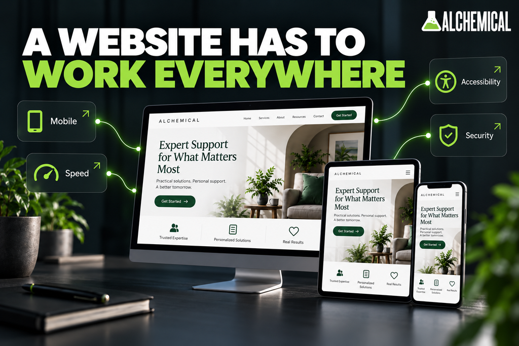 Responsive website displayed on desktop, tablet, and mobile with callouts for mobile usability, speed, accessibility, and security.